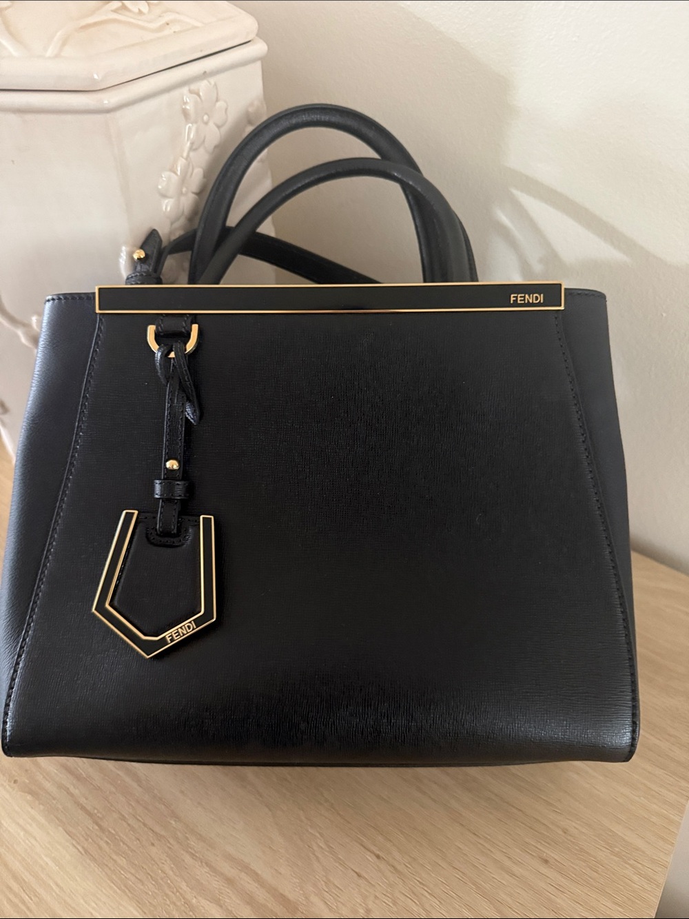 Fendi Black Leather Handbag with Gold Trim